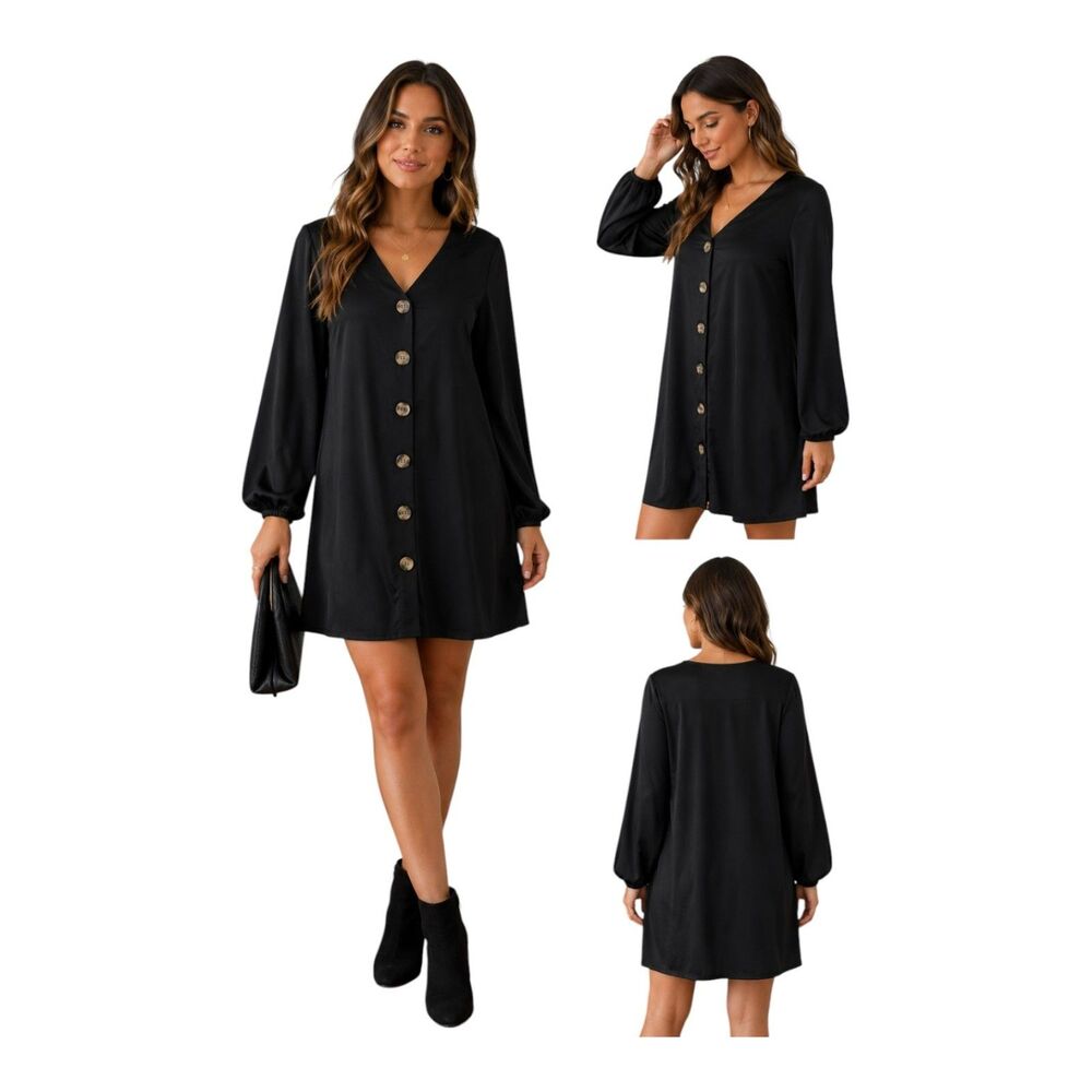 Black Button Front Mini Dress XL Long Sleeve Casual Dress Boho Chic Dress